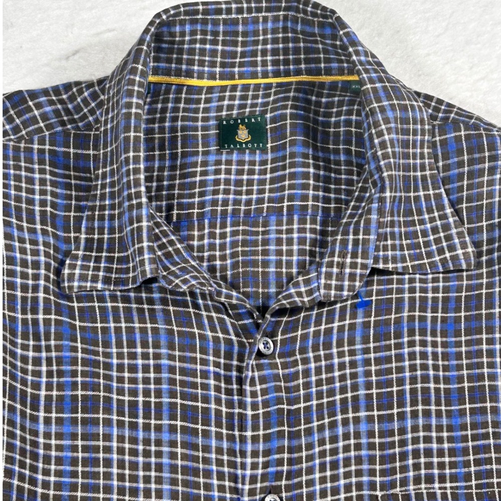 Robert Talbott Mens XXL 100% Linen Shirt Blue Black Plaid Long Sleeve